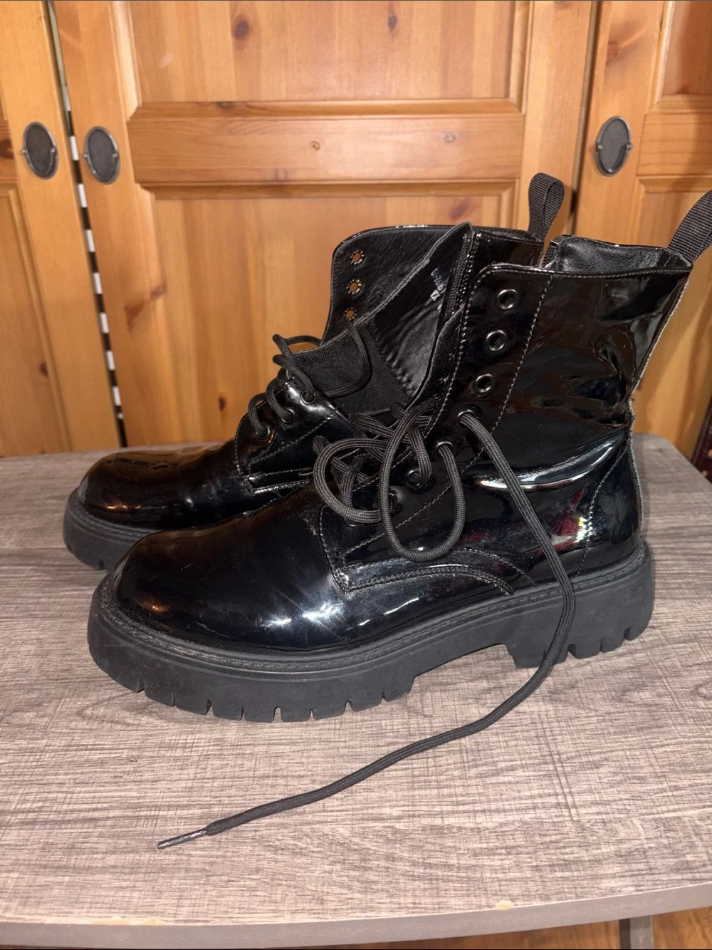 Women's Black Patent Combat Boots - Sleek Platform Lace-Up